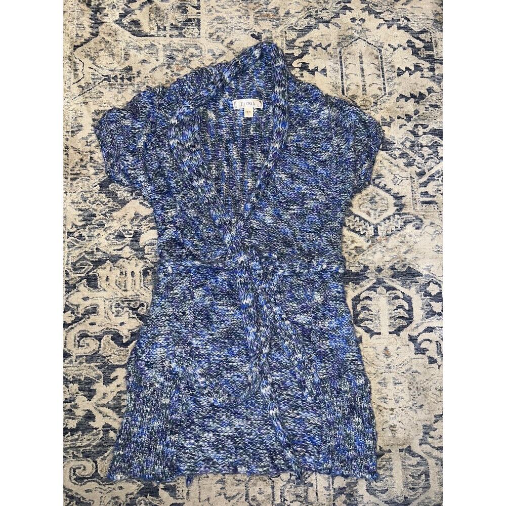 Decree Short Sleeve Wrap Marled Blue Purple Silver Black Belt Sweater M